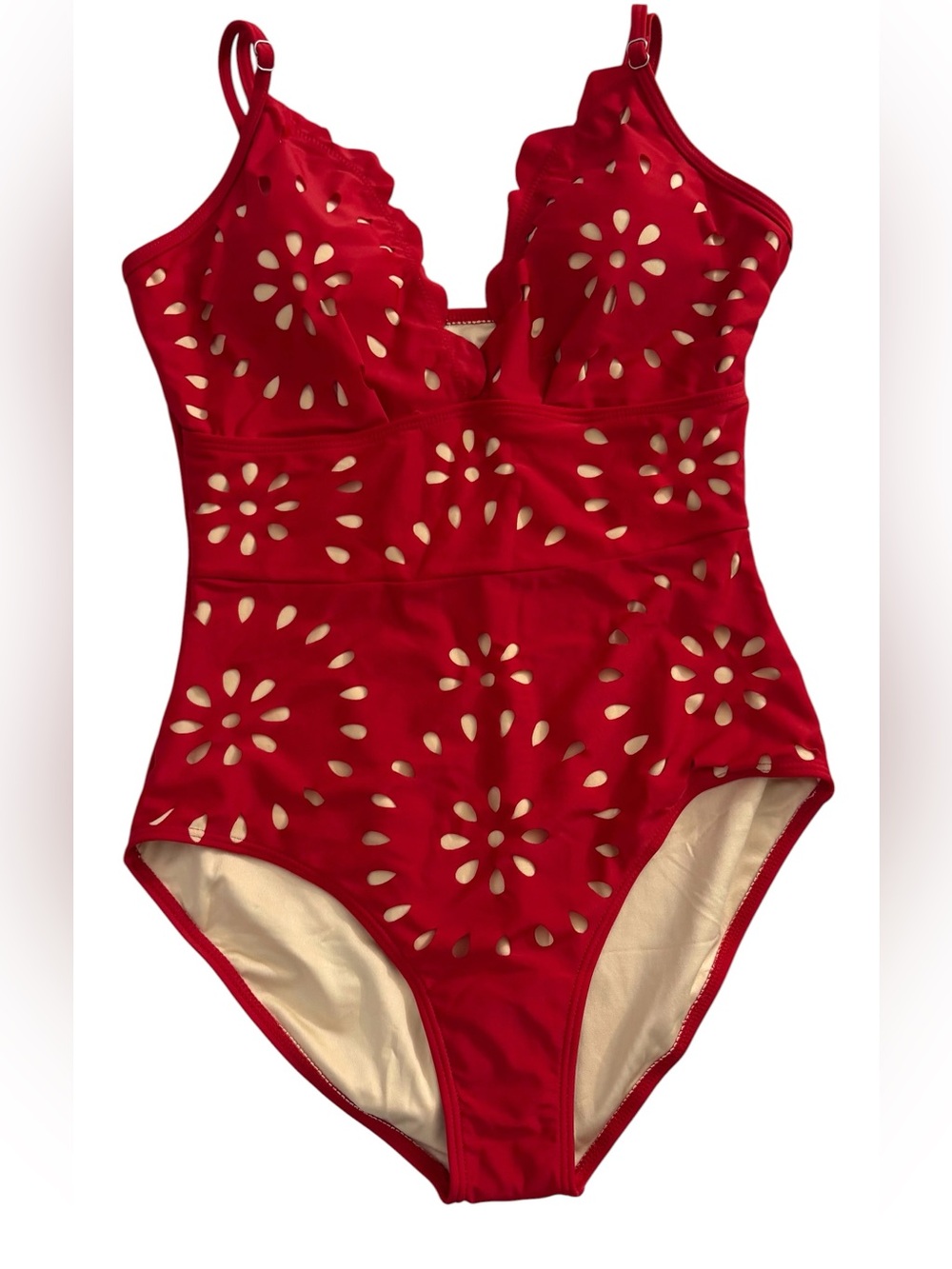 Red Laser Cut Floral Pattern Women’s One Piece Swimsuit Sz Medium NWOT